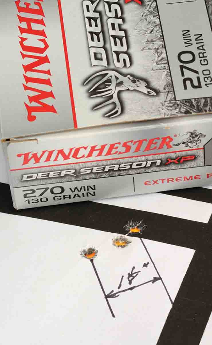 Winchester’s Deer Season Extreme Point 130-grain ammunition produced this group at 100 yards.